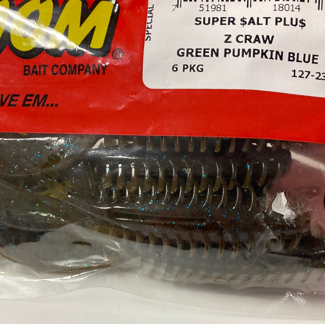 blue worm with green speckles fishing lure Zoom Z Craw