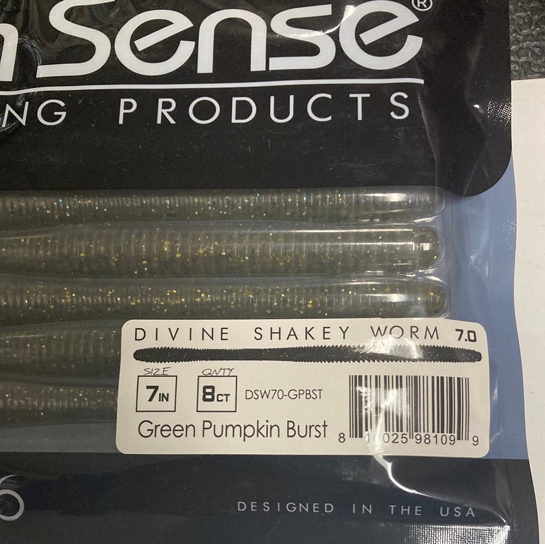 6th Sense Divine Shakey Worm 7.0" Green Pumpkin Burst