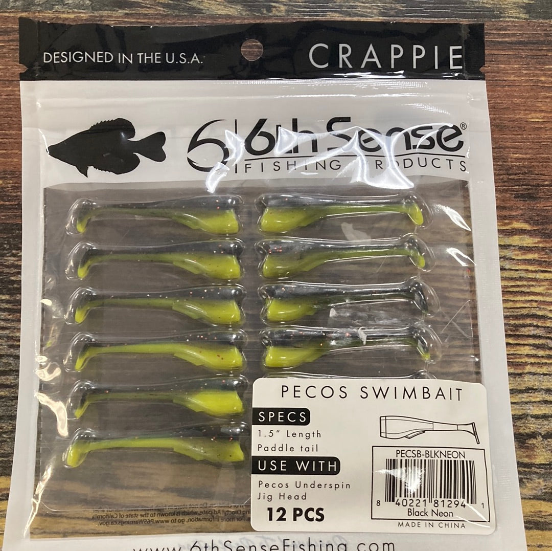 6th Sense Pecos Swimbait Paddle Tail 1.5" Black Neon