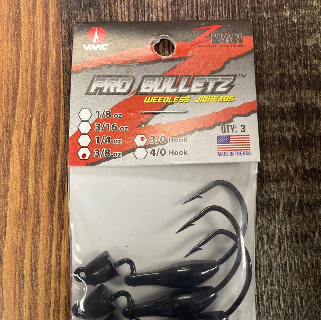 Pro Bulletz 3/8oz. 3/0 Hook Weedless Jig heads Black