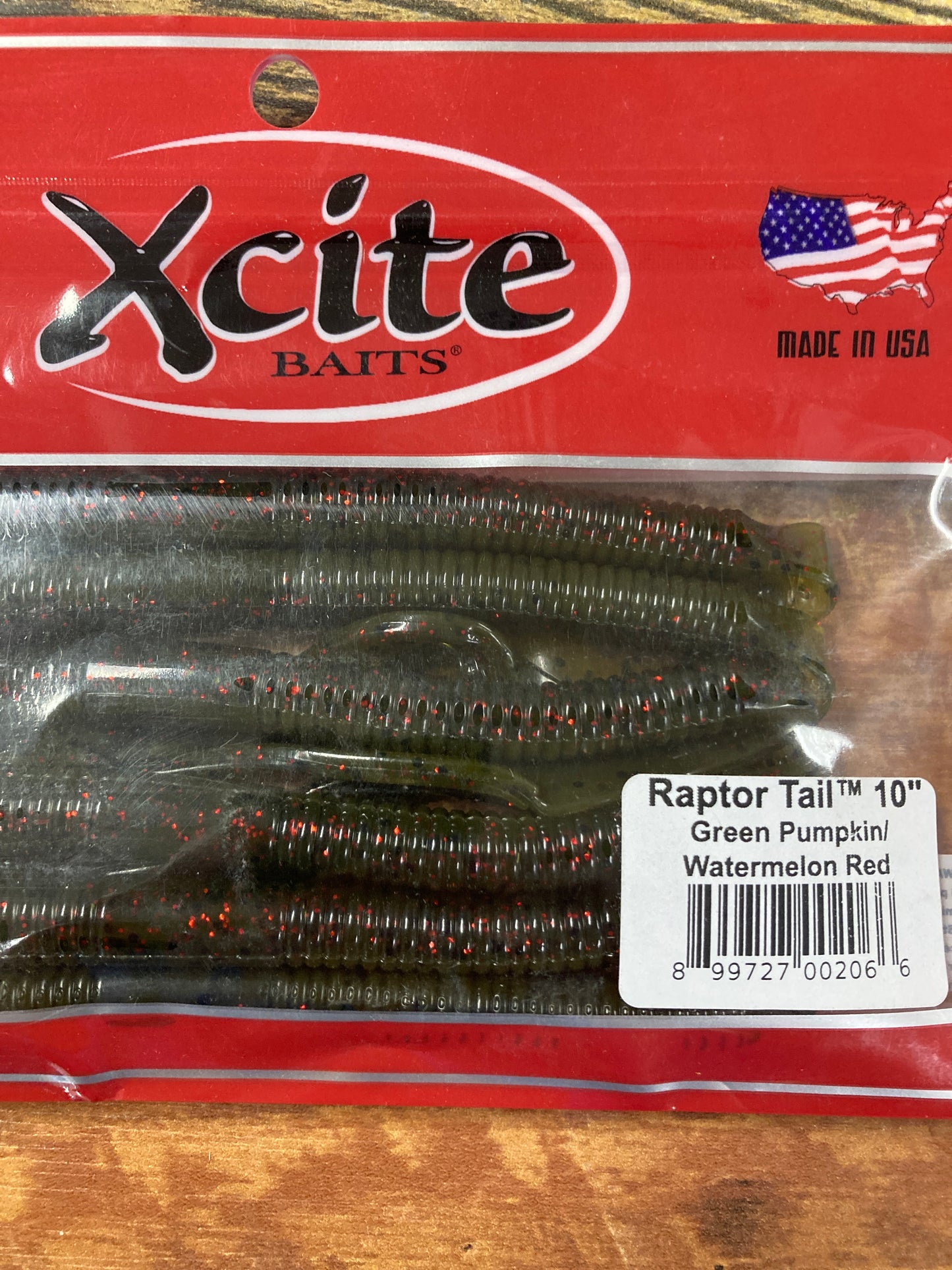 XCITE 10” RAPTOR TAIL WORM GREEN PUMPKIN/ WATERMELON RED