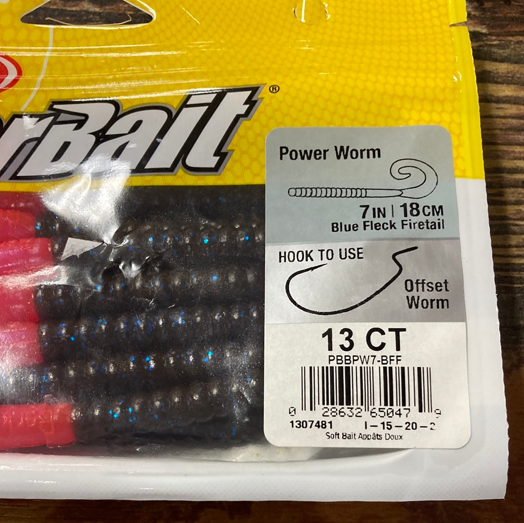 Berkley 7” Power Worm Blue Fleck Fire Tail