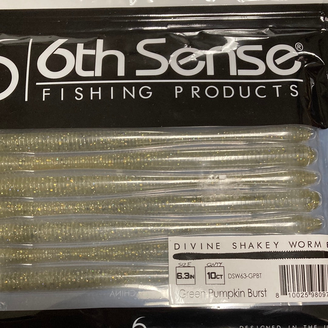 6th Sense Divine Shakey Worm 6.3" Green Pumpkin Burst