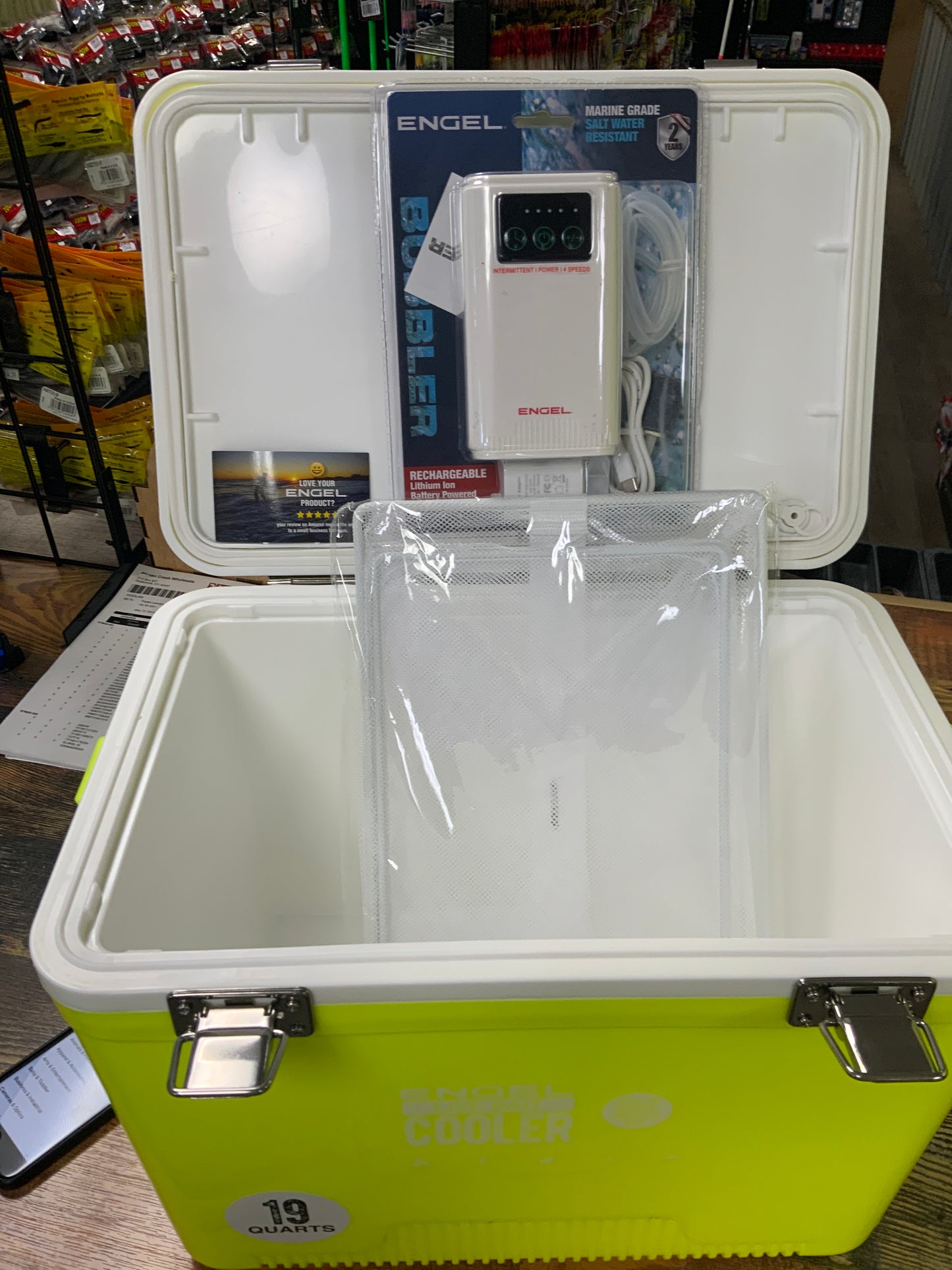 Engle Bait Cooler 19 qt. - Lithium Rechargeable Pump Neon Yellow