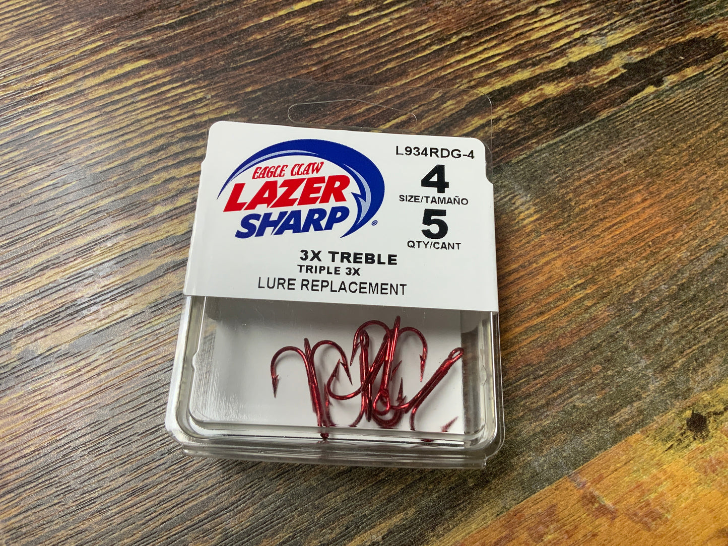 Eagle Claw Lazer Sharp 3X Treble Hooks Sz 4 Red