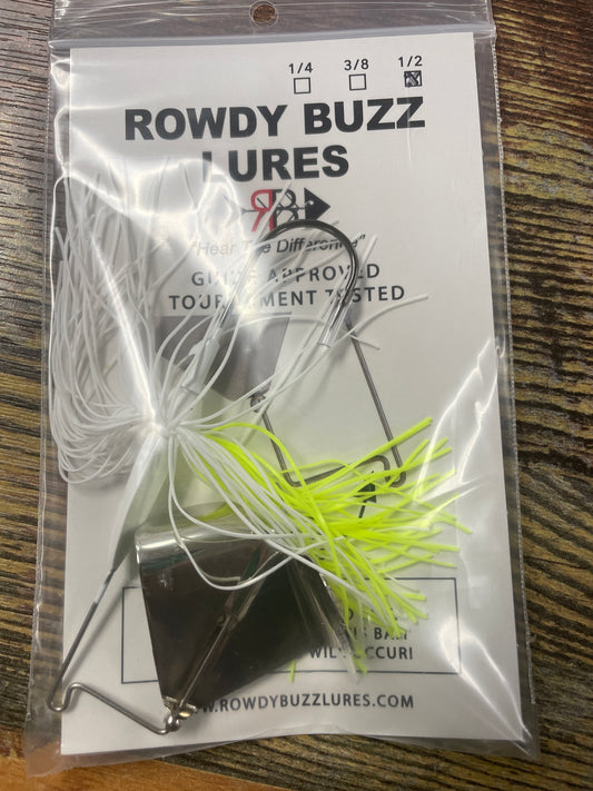 Rowdy Buzz Lures 1/2 oz. Chart White/Silver Blade