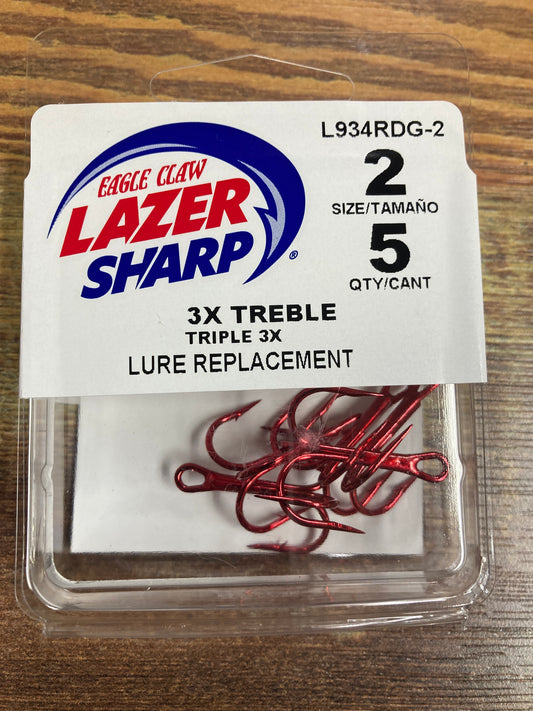 Eagle Claw Lazer 3X Treble Hooks - Sz 2 Red