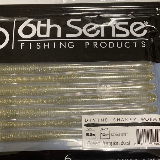 6th Sense Divine Shakey Worm 6.3" Green Pumpkin Burst