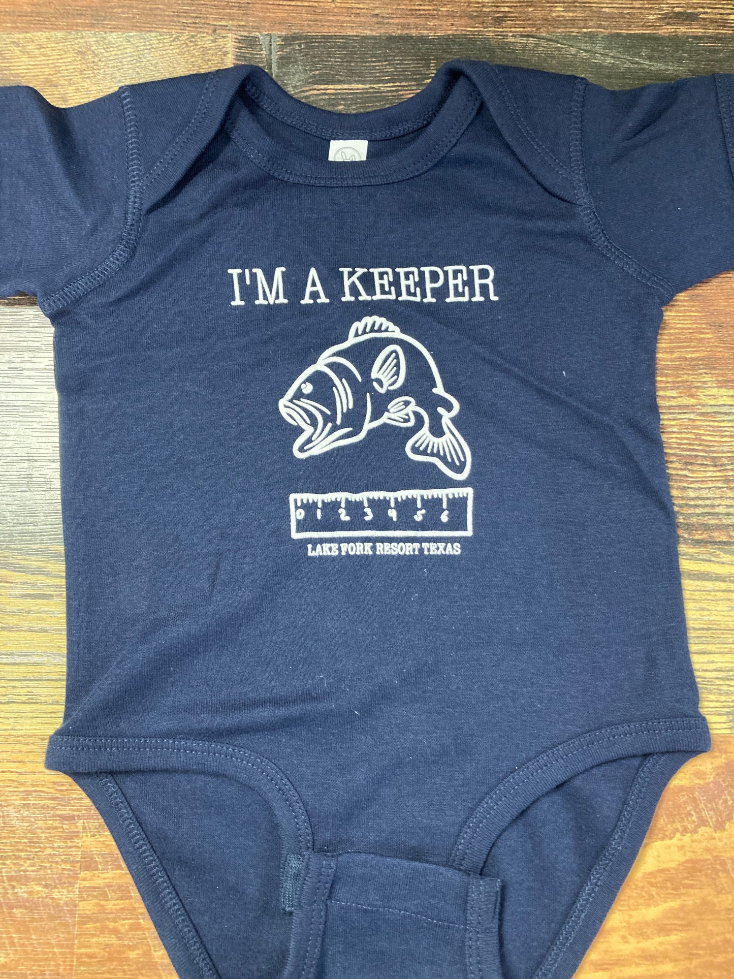 Rabbit Skins Onesie “I’m A Keeper” 6 Months Navy Blue